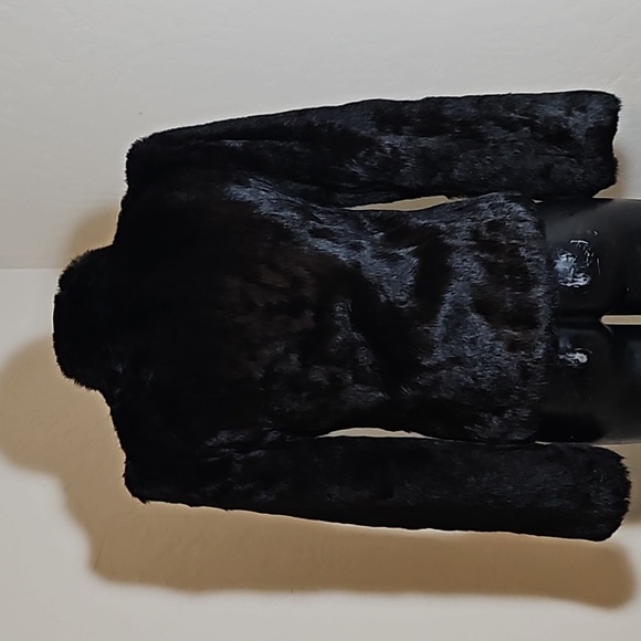 Black Dark Brown High Collar Rabbit Fur Jacket Sz. S - Picture 4 of 10